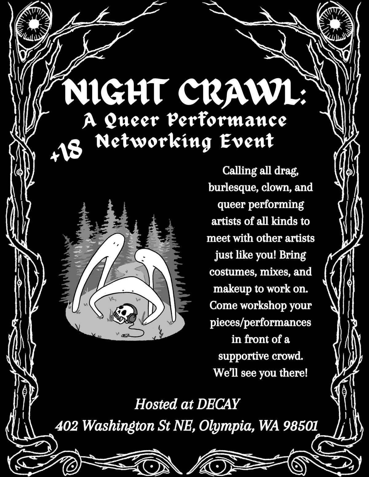 Flyer for POSTPONED: Night Crawl: A Queer Performance Workshop